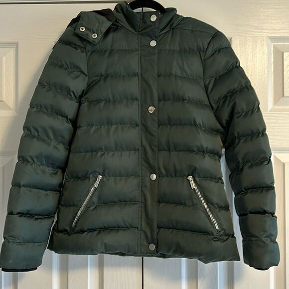 NUX Women’s Dark Green Removable Hood Puffer Zipper Jacket Size M - Picture 1 of 8